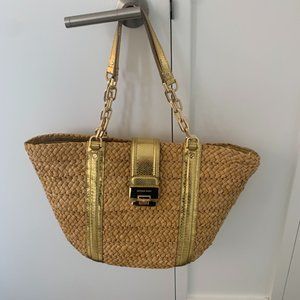 MICHAEL KORS LEATHER TRIM STRAW TOTE